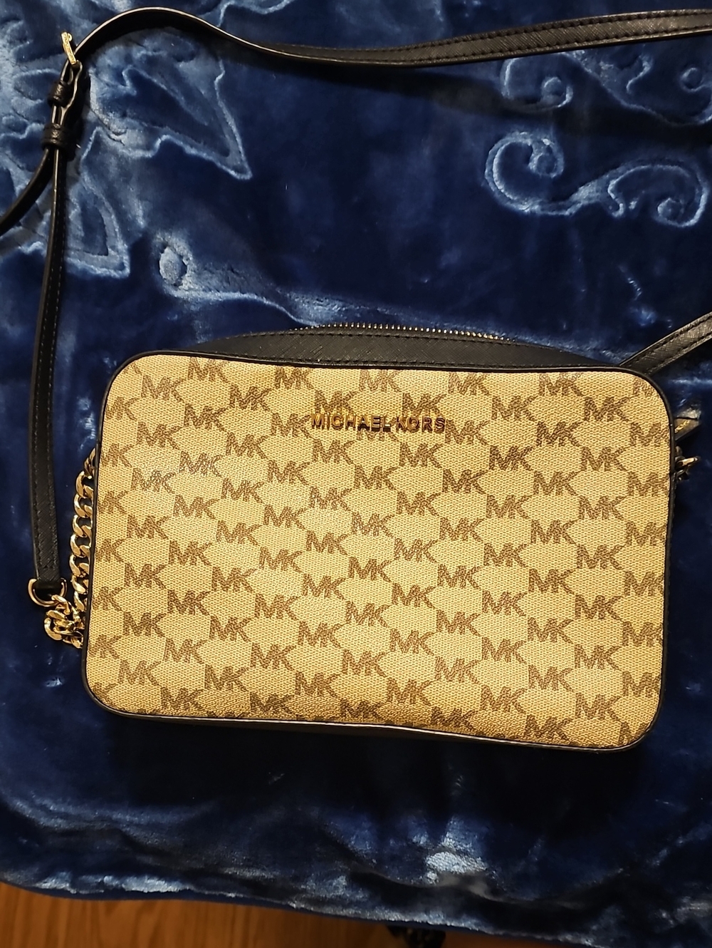 Michael Kors Beige/Tan Signature MK Crossbody with Black Trim